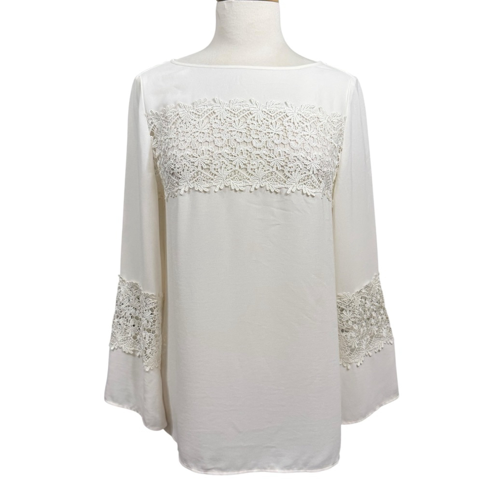 Chico’s Cream Lace Panel Blouse Size Small Long Sleeve